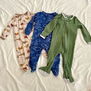 3-6m neutral baby sleepers in dog pattern, cloud pattern, and green